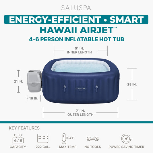 Bestway SaluSpa Hawaii 4–6 Person Inflatable Hot Tub, Square Portable Spa, 140 AirJets, Energy Efficient, 71" x 28"