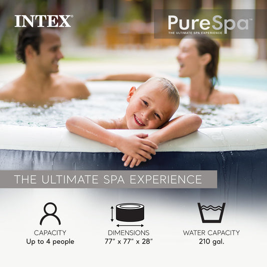 INTEX PureSpa Plus 4 Person Inflatable Hot Tub, Bubble Massage Spa Set, LED Light, 77" x 28"