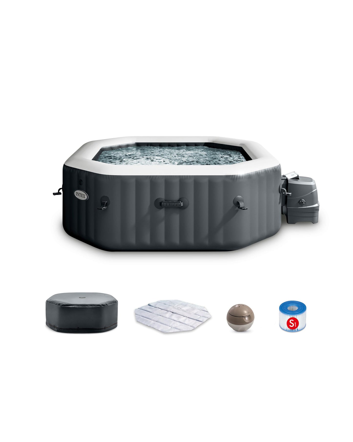 INTEX PureSpa Bubble Deluxe Spa Set, 4 Person, Octagonal Design, 120 Bubble Jets, Energy Efficient Cover