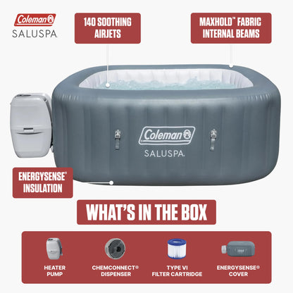 Coleman Hawaii 4–6 Person Inflatable Hot Tub, Square Portable Spa, 140 AirJets, Energy Efficient, 71" x 28"