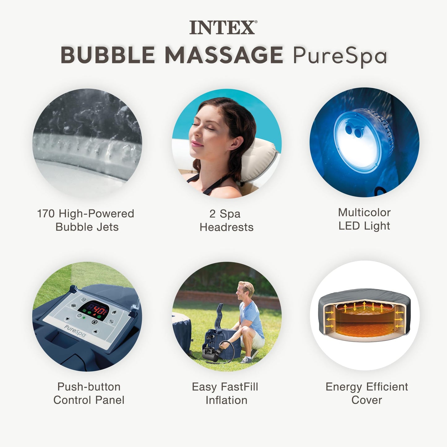 INTEX PureSpa Plus 6 Person Round Inflatable Hot Tub, Bubble Massage Spa Set, Energy Efficient & Saltwater Compatible, 85" x 28"