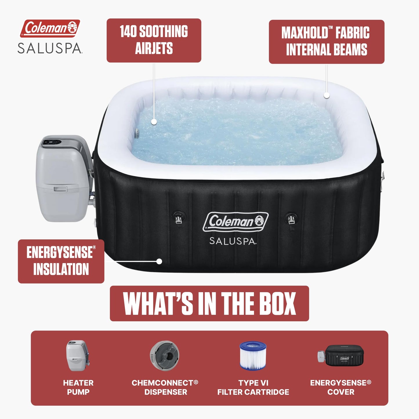 Coleman Hawaii 4–6 Person Inflatable Hot Tub, Square Portable Spa, 140 AirJets, Energy Efficient, 71" x 28"