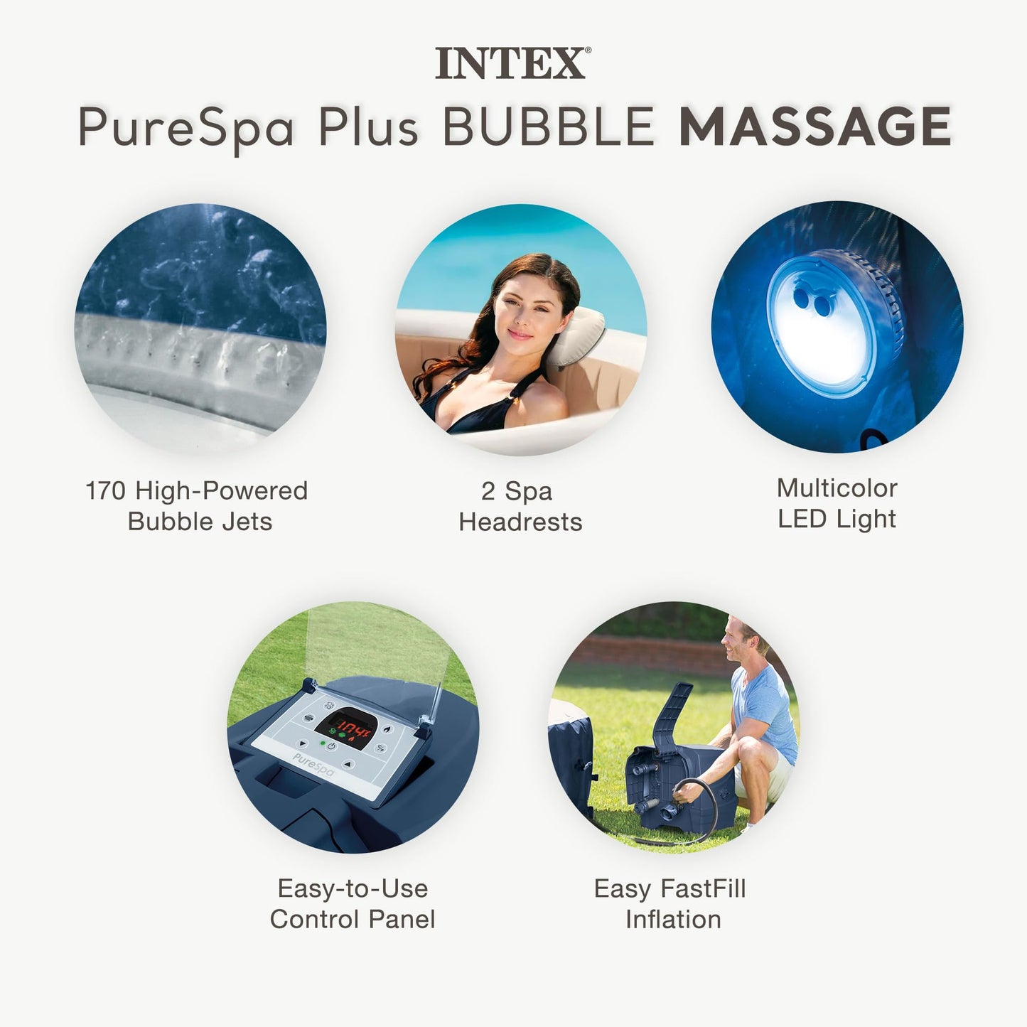 INTEX PureSpa Plus 4 Person Inflatable Hot Tub, Bubble Massage Spa Set, LED Light, 77" x 28"
