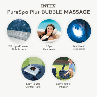 INTEX PureSpa Plus 6 Person Inflatable Hot Tub, Energy Efficient Cover, LED Light, Bubble Massage Spa, 85" x 28"