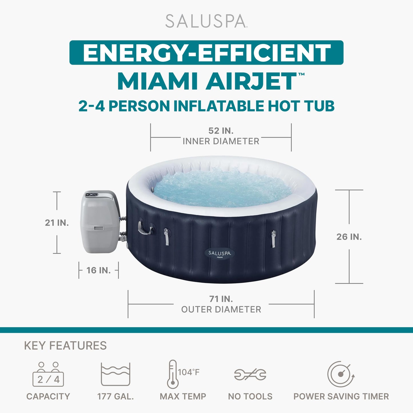 Bestway SaluSpa Miami 2–4 Person Inflatable Hot Tub, Round Portable Spa, 120 AirJets, Energy Efficient, 71" x 26"