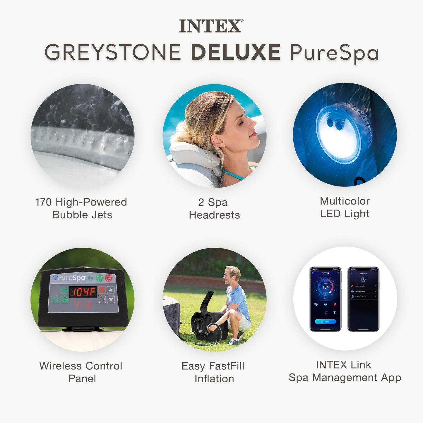 INTEX PureSpa Greystone Deluxe 6 Person Inflatable Hot Tub, Square Spa Set, LED Light, Bubble Massage