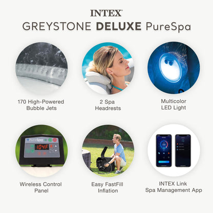 INTEX PureSpa Greystone Deluxe 6 Person Inflatable Hot Tub, Square Spa Set, LED Light, Bubble Massage