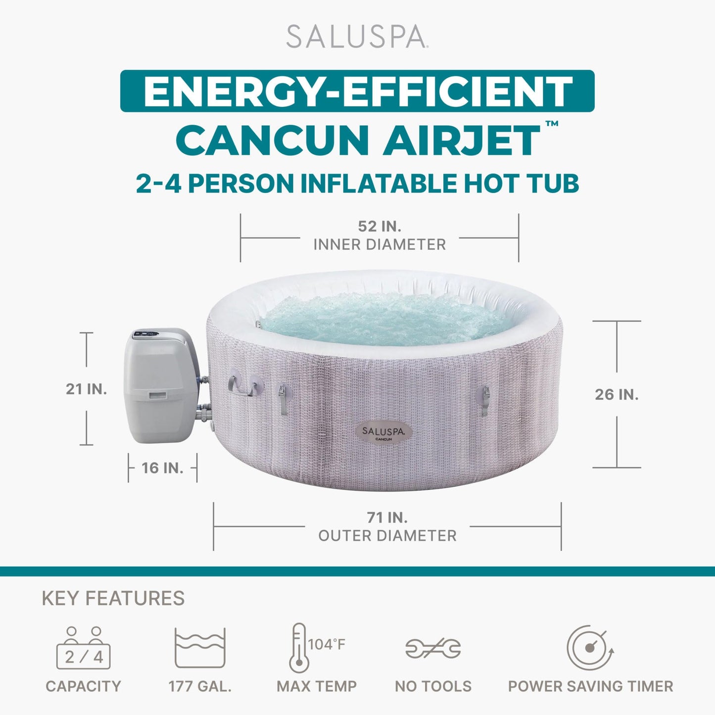 Bestway SaluSpa Cancun 2–4 Person Inflatable Hot Tub, Round Portable Spa, 120 AirJets, 71" x 26"