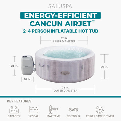 Bestway SaluSpa Cancun 2–4 Person Inflatable Hot Tub, Round Portable Spa, 120 AirJets, 71" x 26"