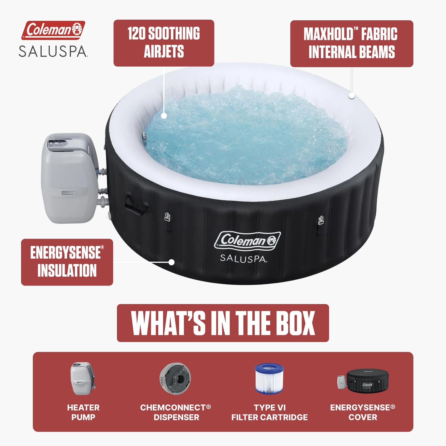 Coleman Miami 2–4 Person Inflatable Hot Tub, Round Portable Spa, 120 AirJets, Energy Efficient, 71" x 26"