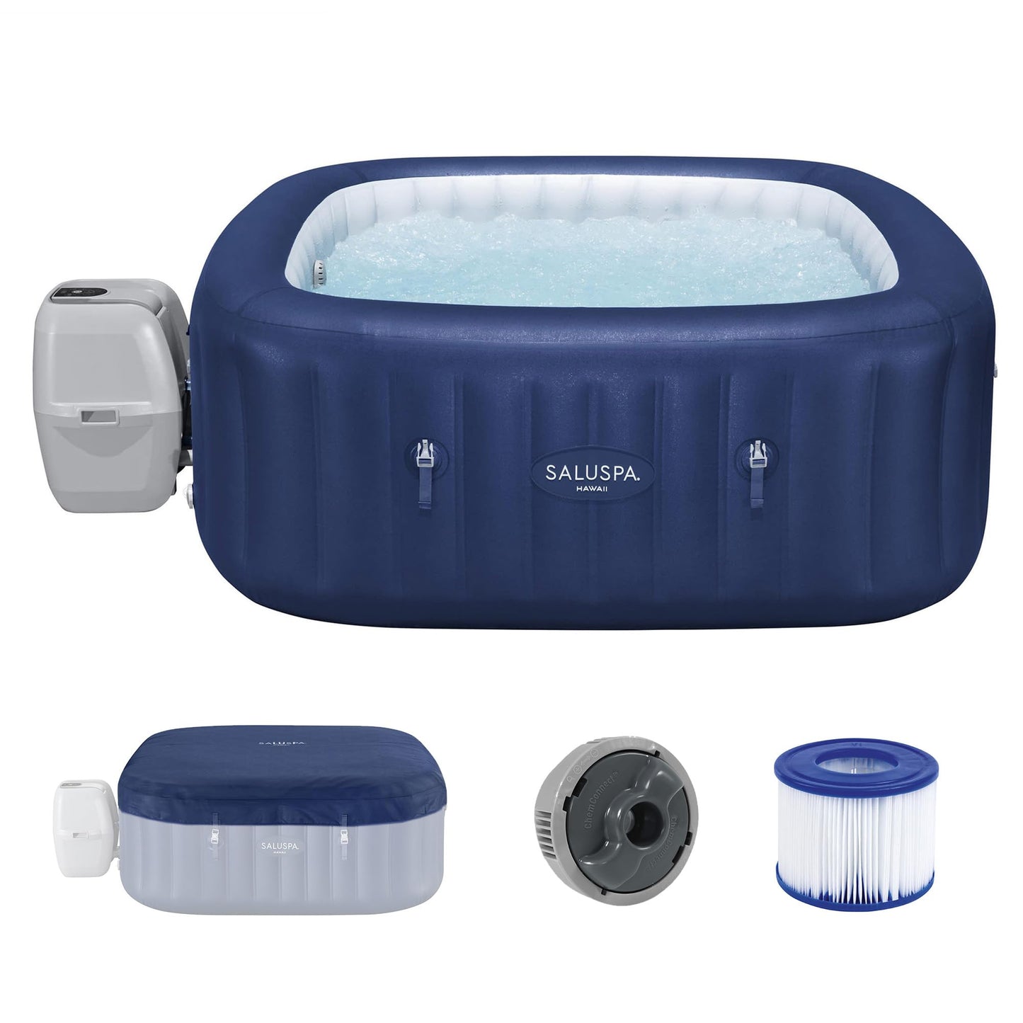 Bestway SaluSpa Hawaii 4–6 Person Inflatable Hot Tub, Square Portable Spa, 140 AirJets, Energy Efficient, 71" x 28"