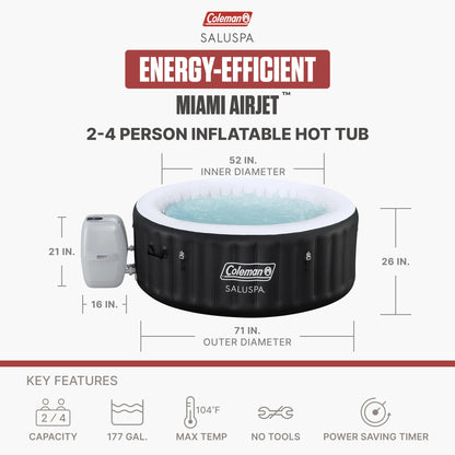 Coleman Miami 2–4 Person Inflatable Hot Tub, Round Portable Spa, 120 AirJets, Energy Efficient, 71" x 26"