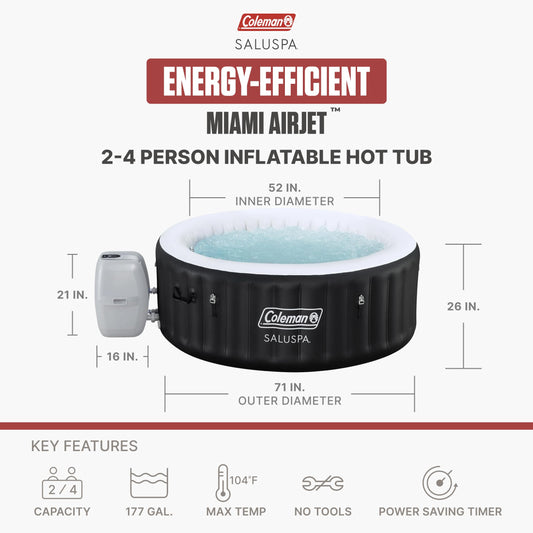 Coleman Miami 2–4 Person Inflatable Hot Tub, Round Portable Spa, 120 AirJets, Energy Efficient, 71" x 26"