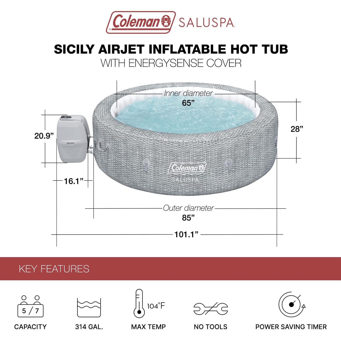Coleman Sicily AirJet 5–7 Person Inflatable Hot Tub, Large Round Spa, 180 AirJets, EnergySense Cover