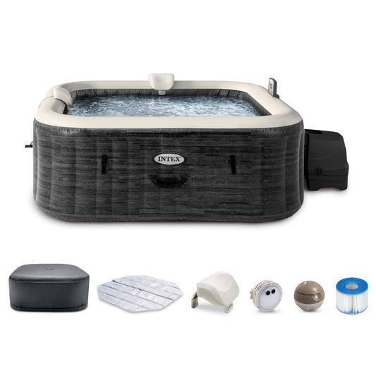 INTEX PureSpa Greystone Deluxe 6 Person Inflatable Hot Tub, Square Spa Set, LED Light, Bubble Massage
