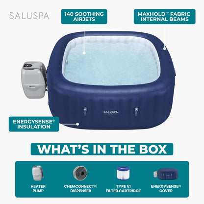 Bestway SaluSpa Hawaii 4–6 Person Inflatable Hot Tub, Square Portable Spa, 140 AirJets, Energy Efficient, 71" x 28"