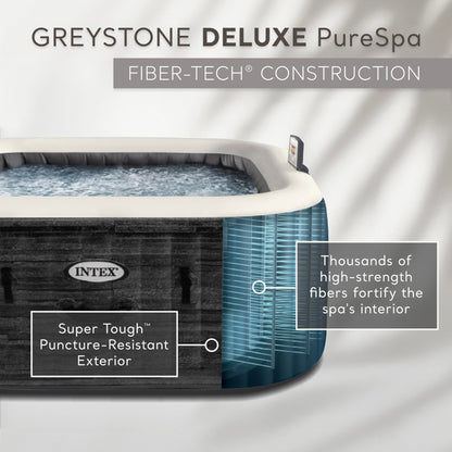 INTEX PureSpa Greystone Deluxe 6 Person Inflatable Hot Tub, Square Spa Set, LED Light, Bubble Massage