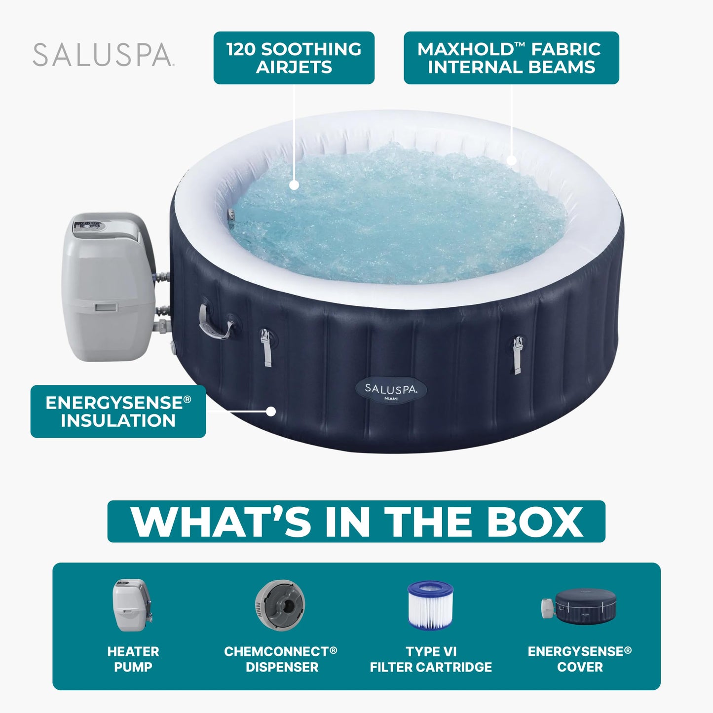Bestway SaluSpa Miami 2–4 Person Inflatable Hot Tub, Round Portable Spa, 120 AirJets, Energy Efficient, 71" x 26"