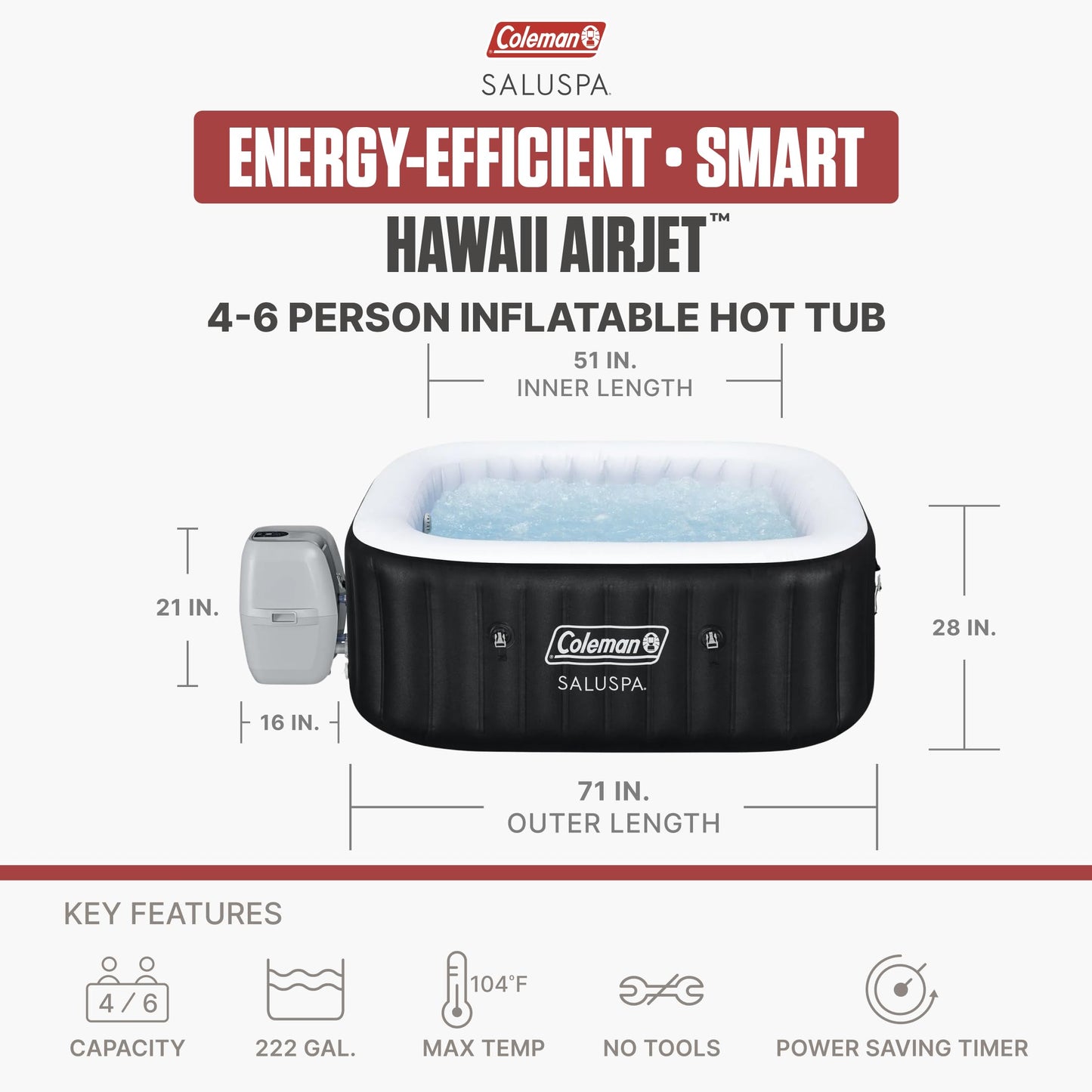 Coleman Hawaii 4–6 Person Inflatable Hot Tub, Square Portable Spa, 140 AirJets, Energy Efficient, 71" x 28"