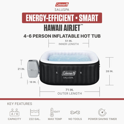 Coleman Hawaii 4–6 Person Inflatable Hot Tub, Square Portable Spa, 140 AirJets, Energy Efficient, 71" x 28"