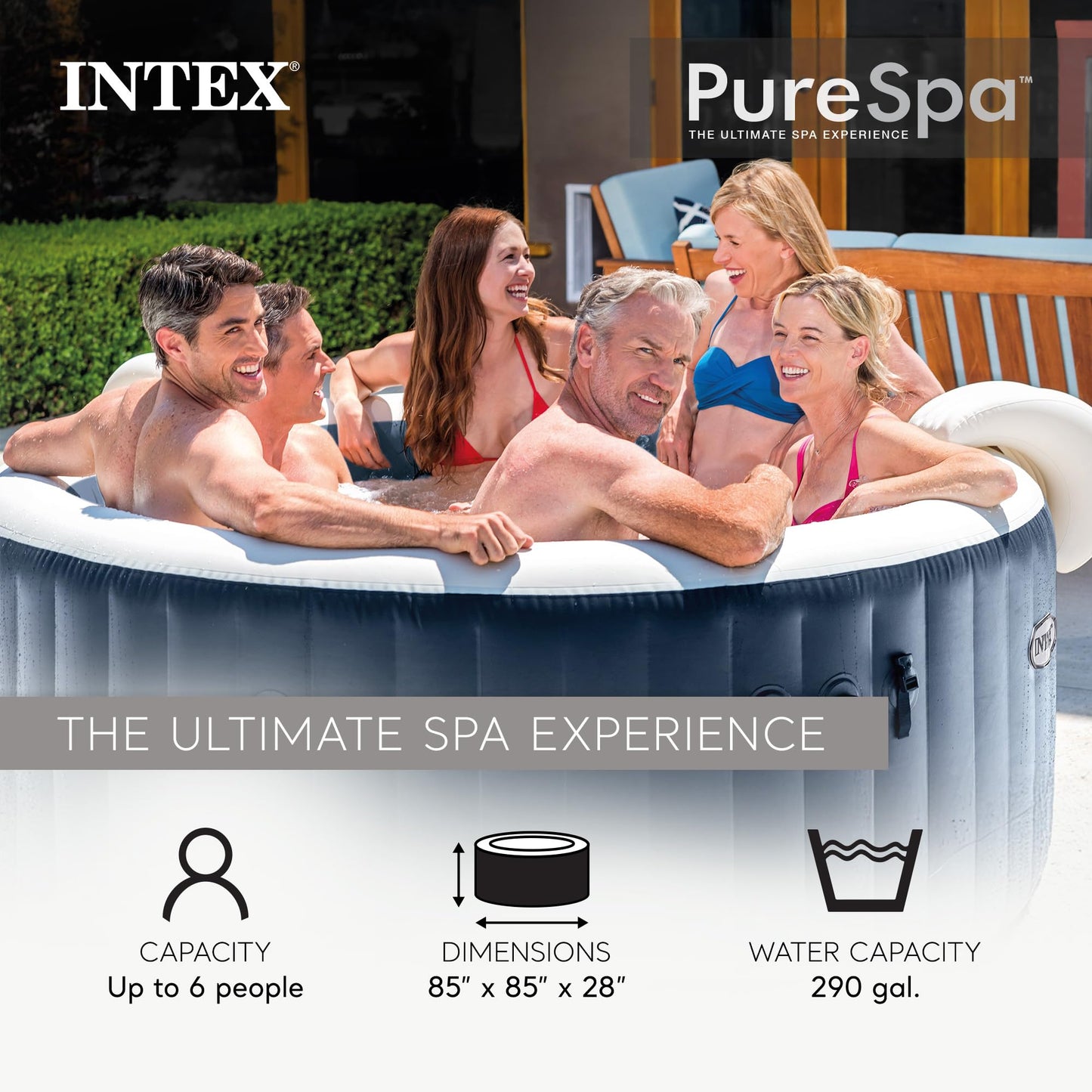 INTEX PureSpa Plus 6 Person Inflatable Hot Tub, Energy Efficient Cover, LED Light, Bubble Massage Spa, 85" x 28"