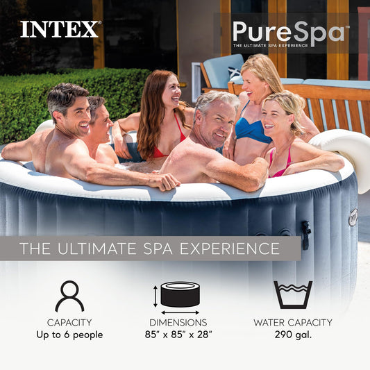 INTEX PureSpa Plus 6 Person Inflatable Hot Tub, Energy Efficient Cover, LED Light, Bubble Massage Spa, 85" x 28"