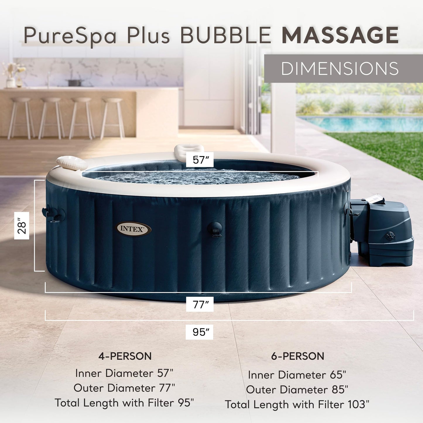 INTEX PureSpa Plus 4 Person Inflatable Hot Tub, Bubble Massage Spa Set, LED Light, 77" x 28"