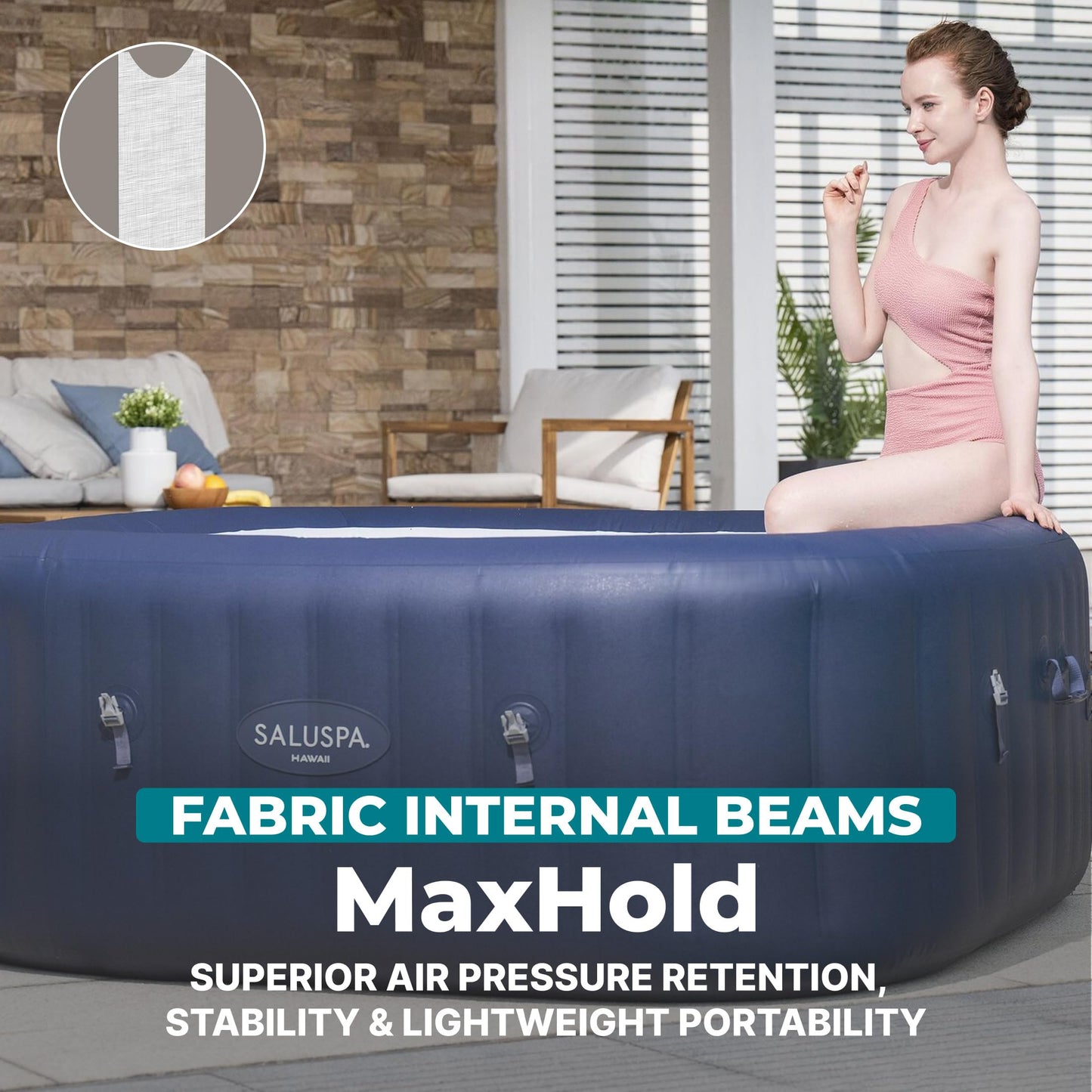 Bestway SaluSpa Hawaii 4–6 Person Inflatable Hot Tub, Square Portable Spa, 140 AirJets, Energy Efficient, 71" x 28"