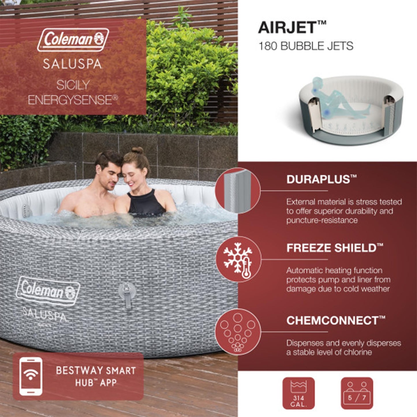 Coleman Sicily AirJet 5–7 Person Inflatable Hot Tub, Large Round Spa, 180 AirJets, EnergySense Cover