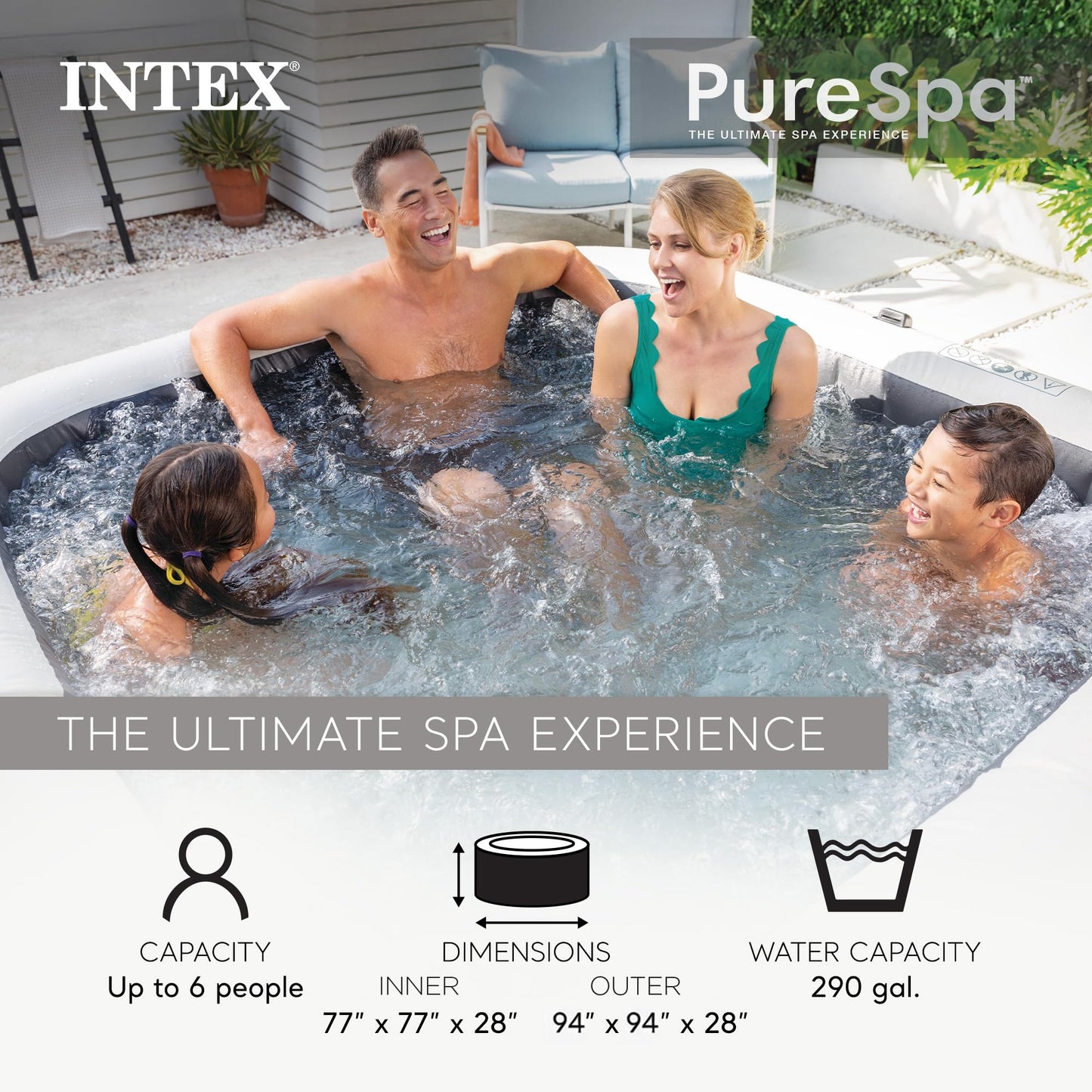 INTEX PureSpa Greystone Deluxe 6 Person Inflatable Hot Tub, Square Spa Set, LED Light, Bubble Massage